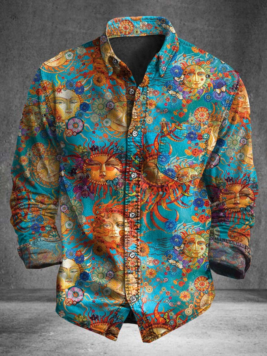 Sun, Moon, and Star Totem Print Casual Camisa de manga larga