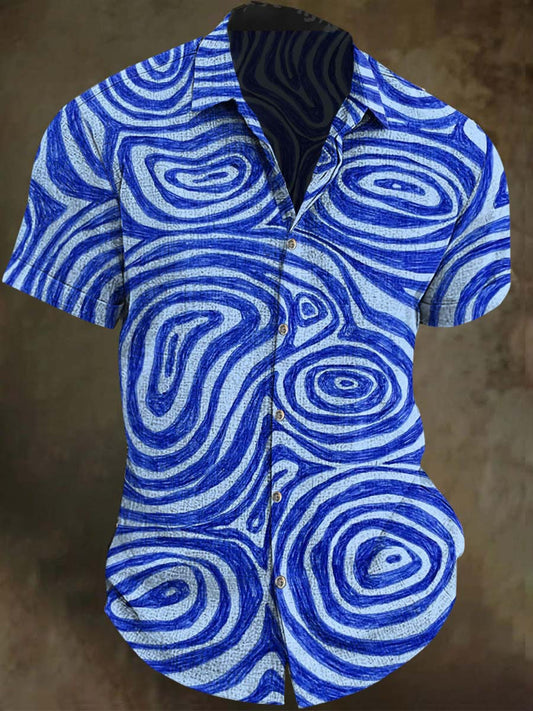 Camisa casual de manga corta con estampado ondulado de rayas azules