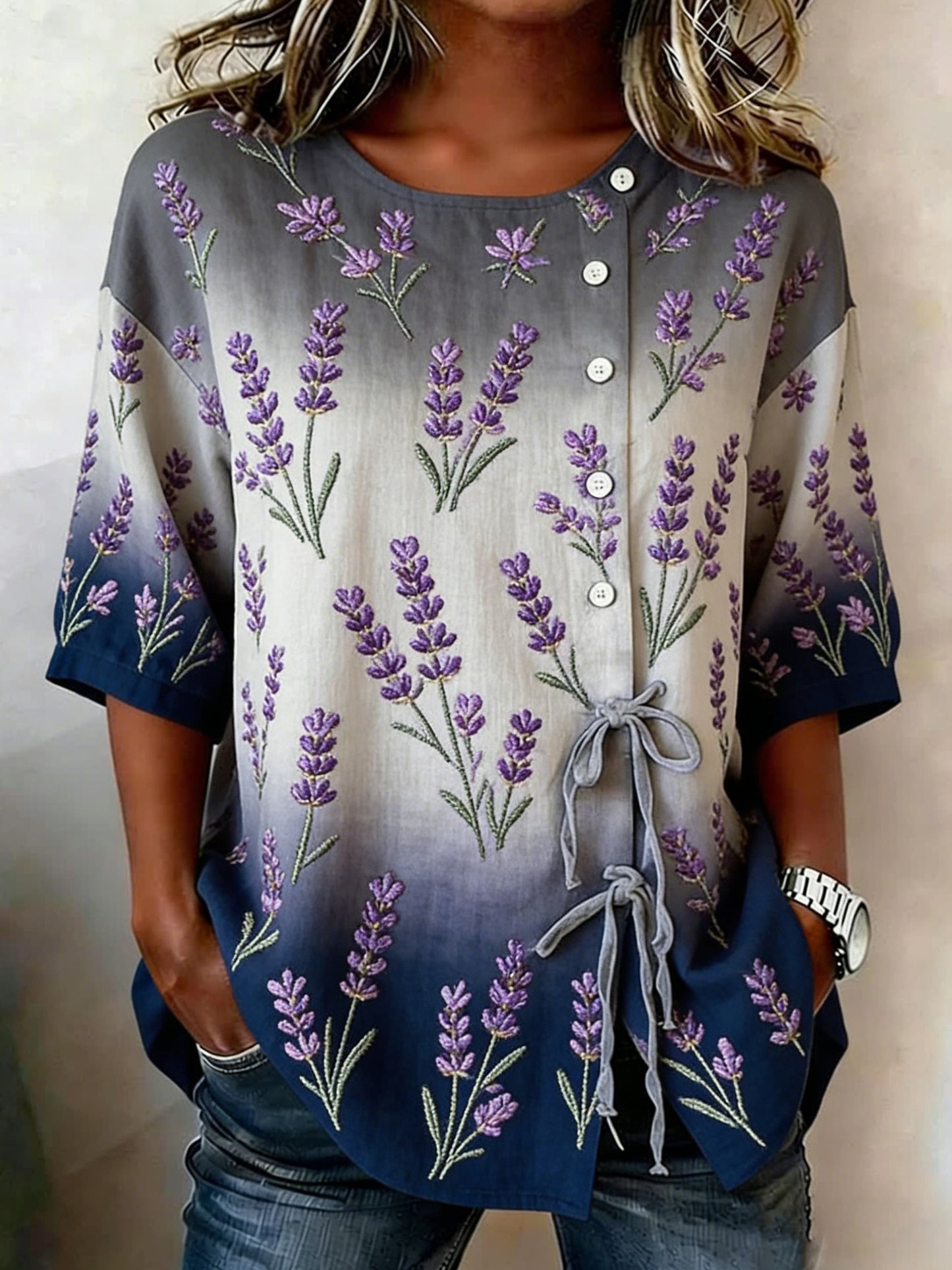 Camisa de mezcla de lino con botones y estampado floral para mujer