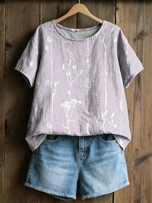 Camiseta casual con estampado de plantas y flores para mujer