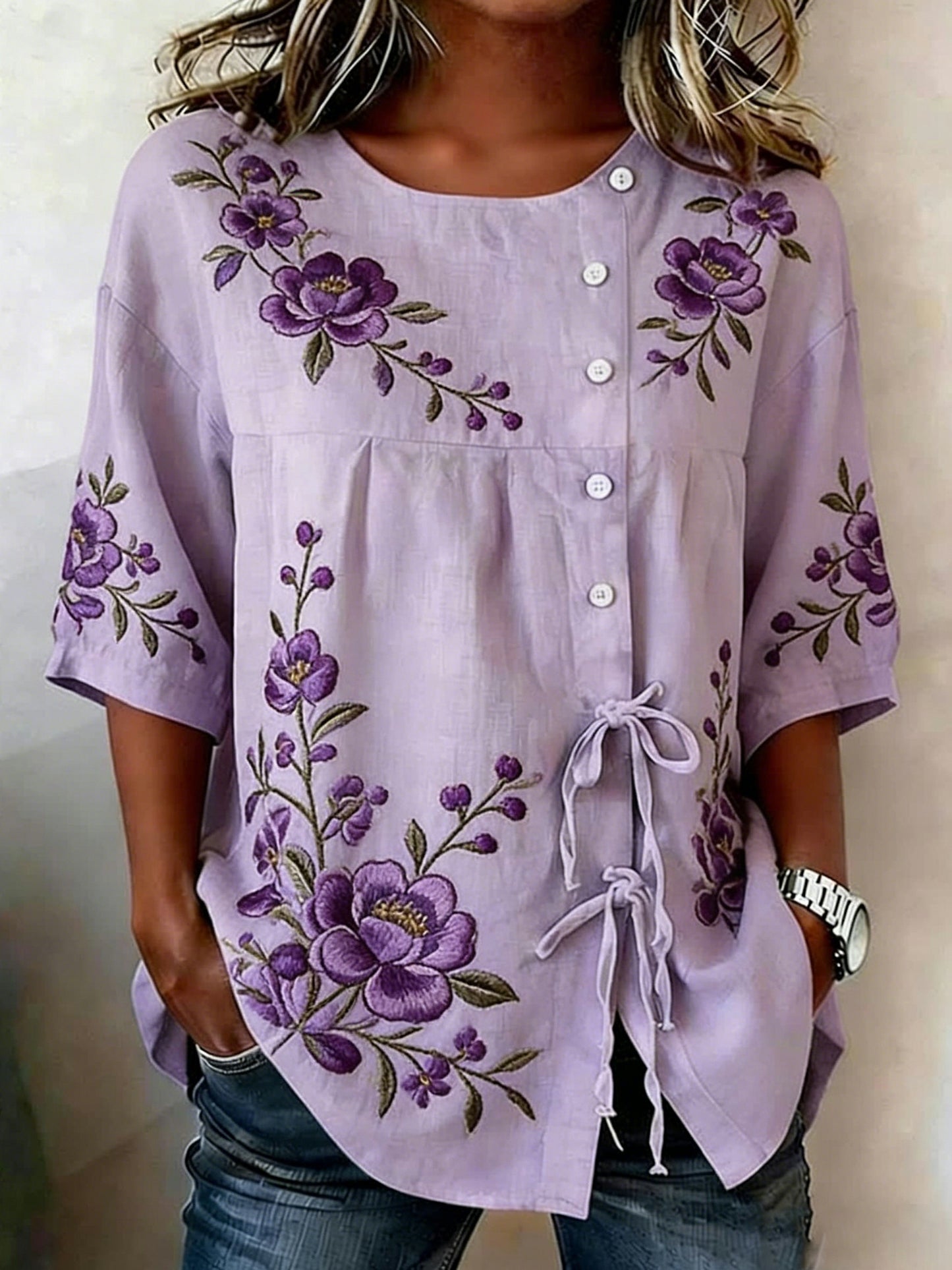 Camisa de mezcla de lino con botones florales para mujer