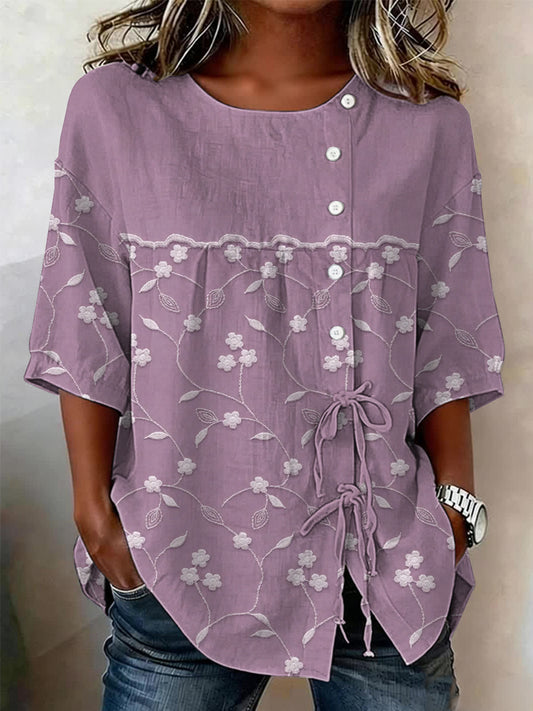 Camisa de mujer con botones y estampado de plantas y flores, de mezcla de lino