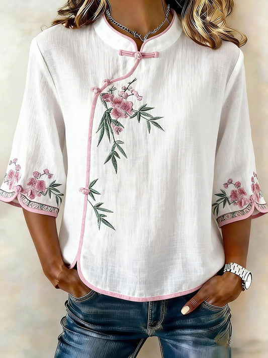 Camiseta floral de algodón y lino para mujer