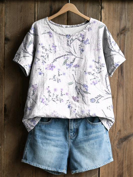Camiseta casual con estampado de plantas y flores para mujer