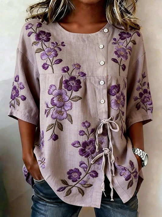 Camisa de mezcla de lino con botones florales para mujer