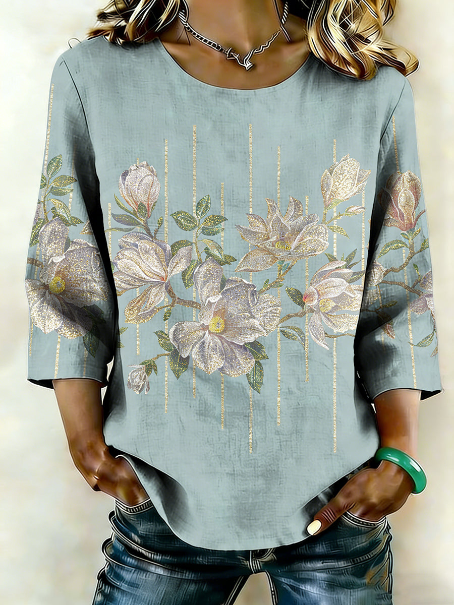 Camisa de lino de arte floral para mujer