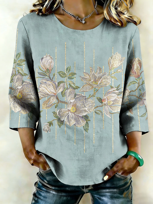 Camisa de lino de arte floral para mujer