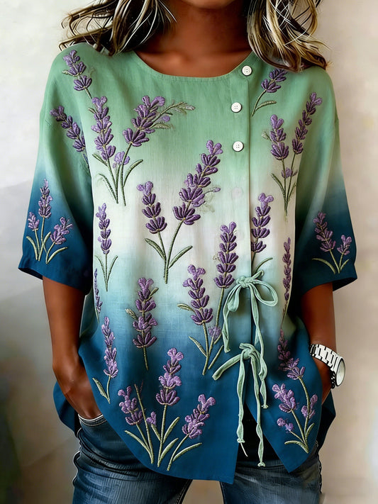 Camisa de mezcla de lino con botones florales para mujer