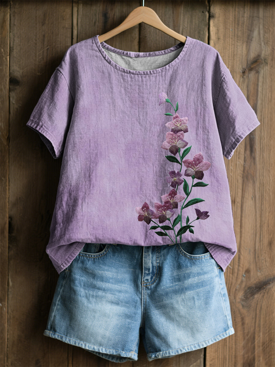 Camiseta casual con estampado de flores de plantas para mujer