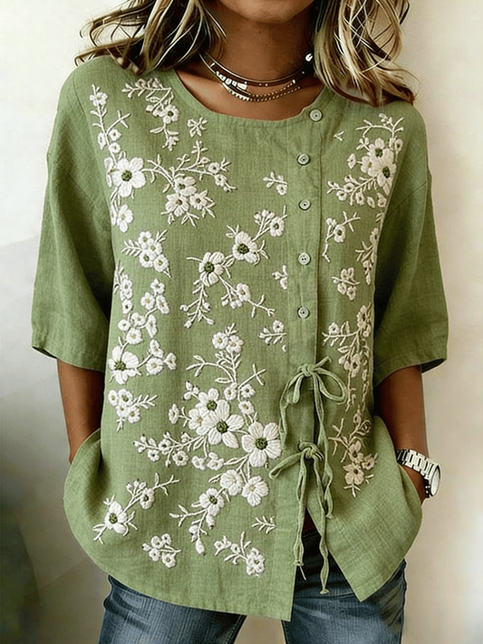 Planta y flor de las mujeres abotonado y atado algodón y camisa de lino