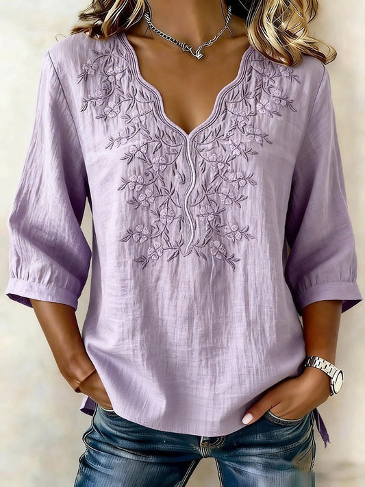 Camiseta Casual Floral Algodón Lino-Mujer