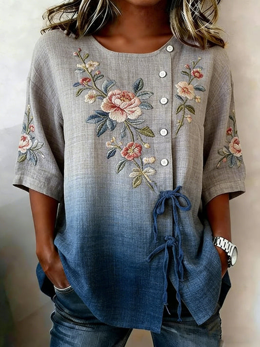 Camisa de mezcla de lino con botones florales para mujer