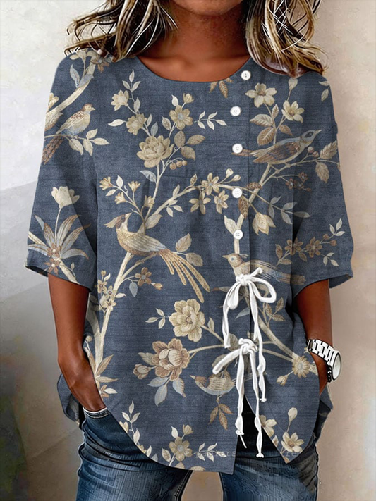 Planta y flor de las mujeres abotonado y atado algodón y camisa de lino