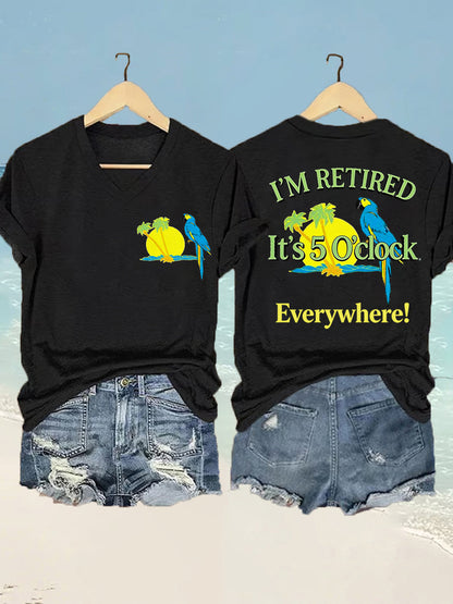 I'm Retired It's 5 O'clock Everywhere Parrot Print Casual Camiseta con cuello en V para mujer