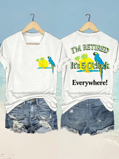 I'm Retired It's 5 O'clock Everywhere Parrot Print Casual Camiseta con cuello en V para mujer