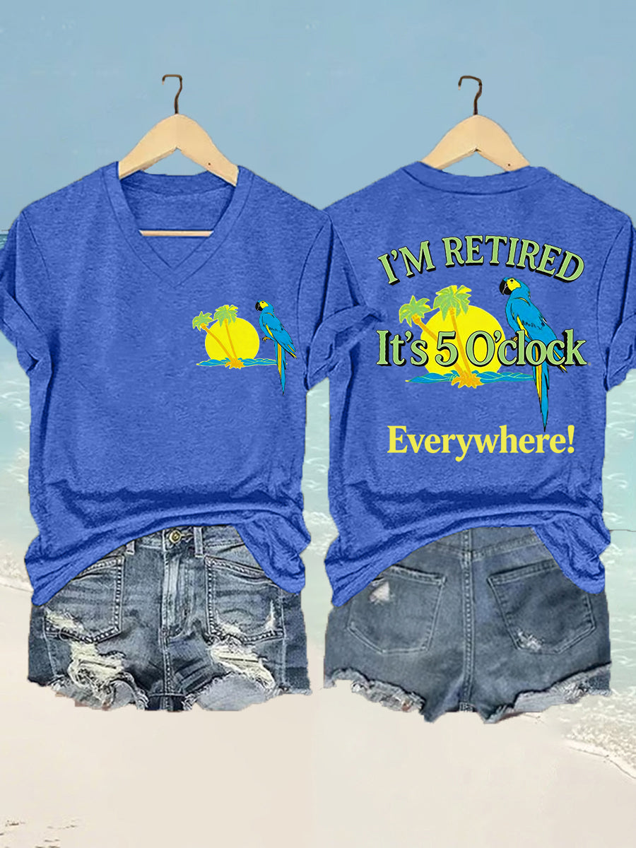 I'm Retired It's 5 O'clock Everywhere Parrot Print Casual Camiseta con cuello en V para mujer