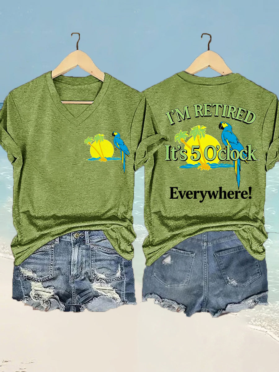 I'm Retired It's 5 O'clock Everywhere Parrot Print Casual Camiseta con cuello en V para mujer