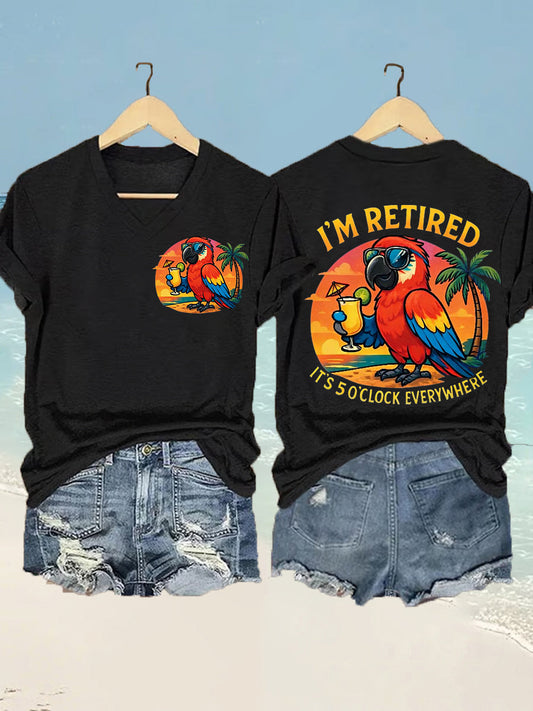 I'm Retired It's 5 O'clock Everywhere Parrot Print Casual Camiseta con cuello en V para mujer
