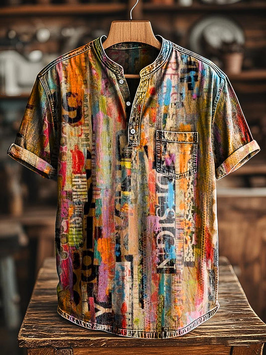 Vintage envejecido periódico colorido arte impresión casual Henley camiseta