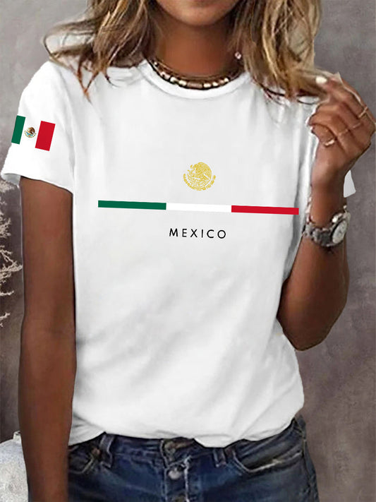 Camiseta casual con estampado de bandera mexicana para mujer