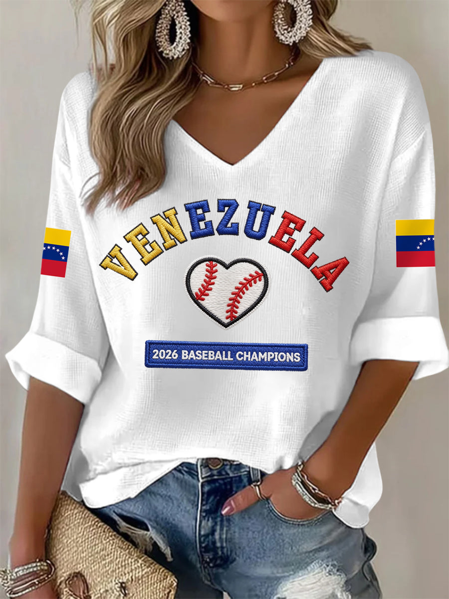 Mujeres Celebrar Venezuela Campeones 2026 Imprimir Casual Waffle Camiseta