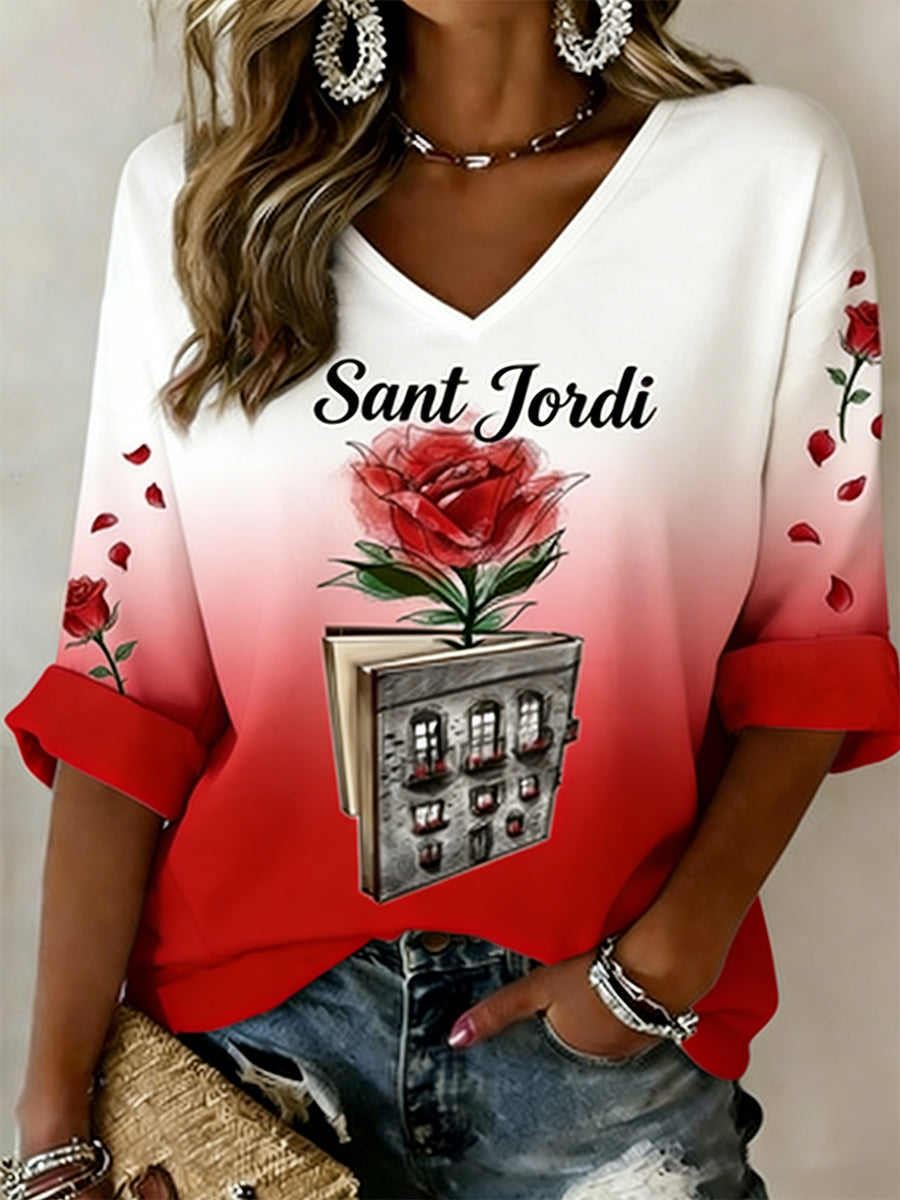 Camiseta con cuello en V y estampado de Sant Jordi Element para mujer
