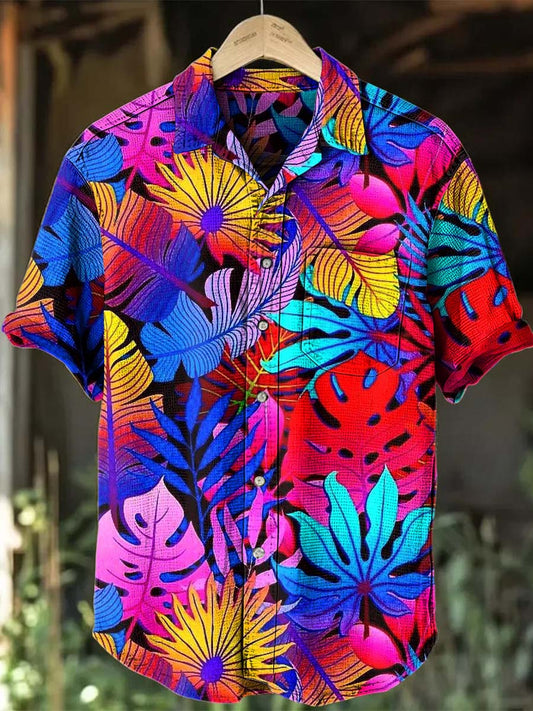 Camisa de manga corta casual con estampado tropical de neón