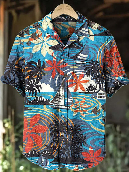 Camisa casual de manga corta con estampado de tabla de surf vintage