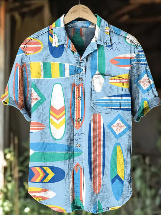 Camisa de manga corta casual con estampado de tabla de surf vintage