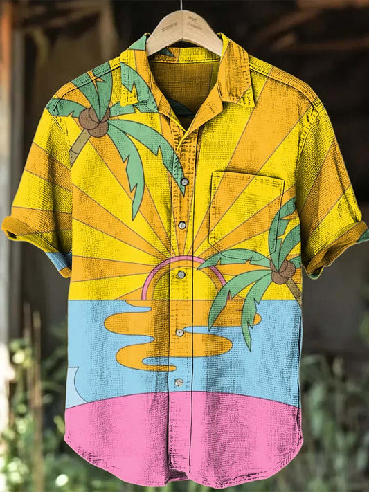 Camisa de manga corta casual con estampado tropical retro