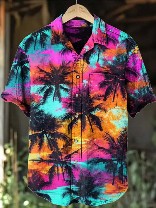 Camisa casual de manga corta estampada Neon Palm Grove Sunset