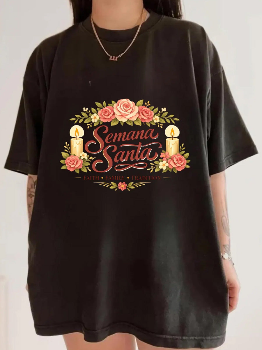 Camiseta estampada conmemorativa de la Semana Santa española para mujer