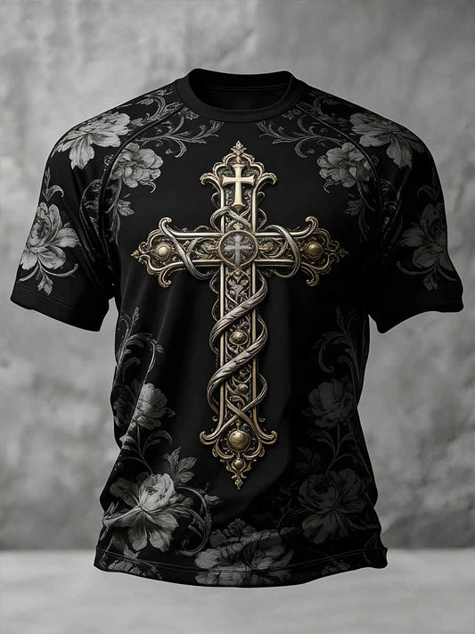 Camiseta casual vintage con estampado de cruz para hombre