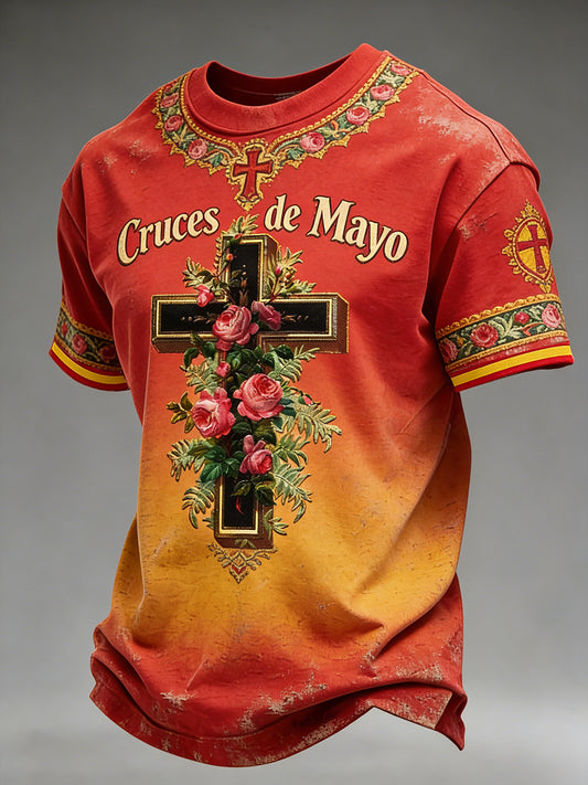 Camiseta casual estampada con diseño cruzado y estampado de varios personajes para hombre