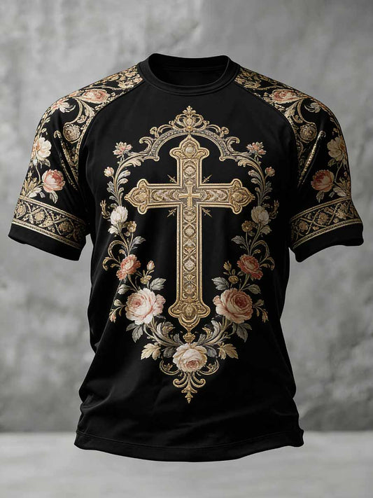 Camiseta casual vintage con estampado de cruz para hombre