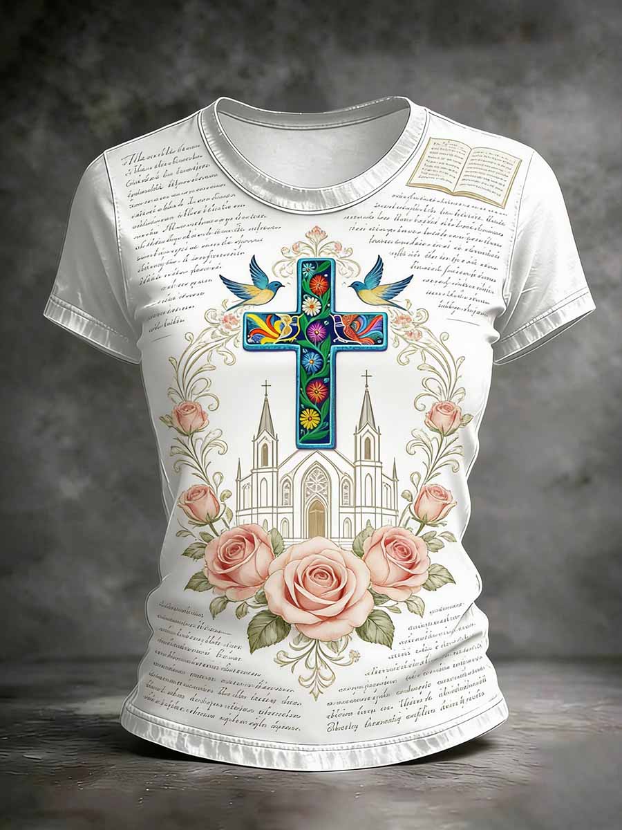 Camiseta casual vintage con estampado de cruz para mujer