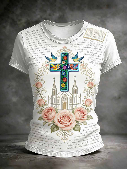 Camiseta casual vintage con estampado de cruz para mujer