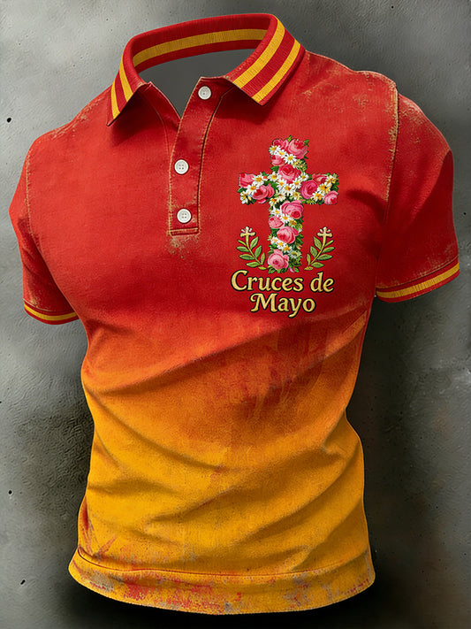 Polo casual con estampado de caracteres de May Cross para hombre