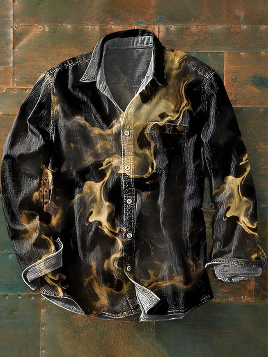 Camisa de manga larga casual con estampado dorado abstracto de color bloqueado