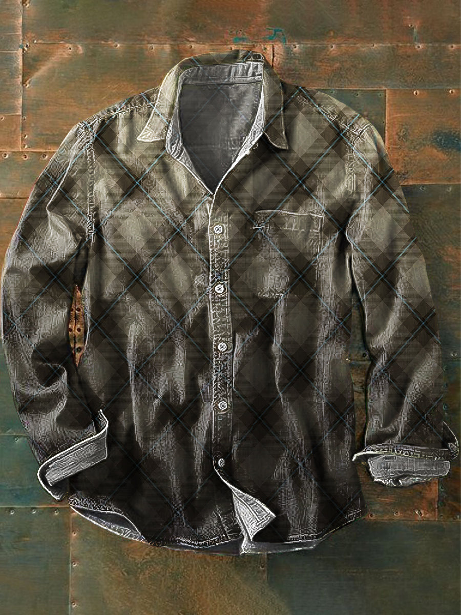 Gradiente retro de la tela escocesa de la impresión camisa de manga larga casual
