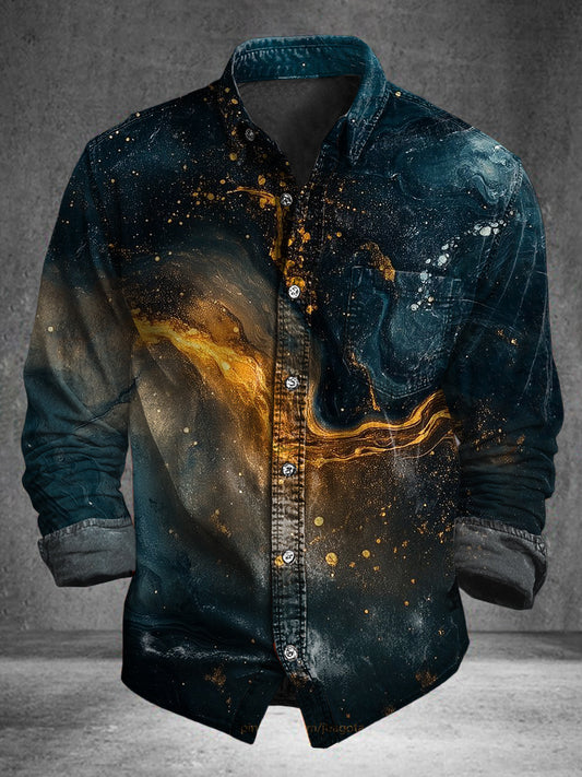 Camisa de manga larga casual con estampado de cielo estrellado y galaxia