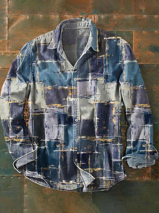 Camisa de manga larga casual con estampado de cuadros irregulares abstractos