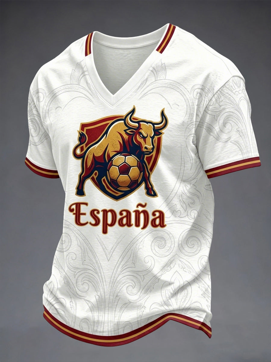Camiseta de hombre con estampado de amante del fútbol español y cuello en V
