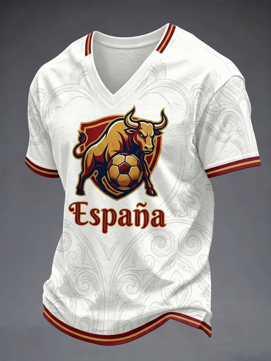 Camiseta de hombre con estampado de amante del fútbol español y cuello en V