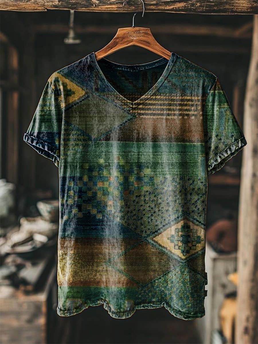 Camiseta de manga corta casual con estampado geométrico retro