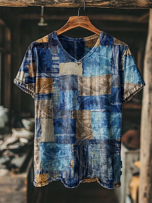 Abstract Patchwork Plaid Print Casual camiseta de manga corta