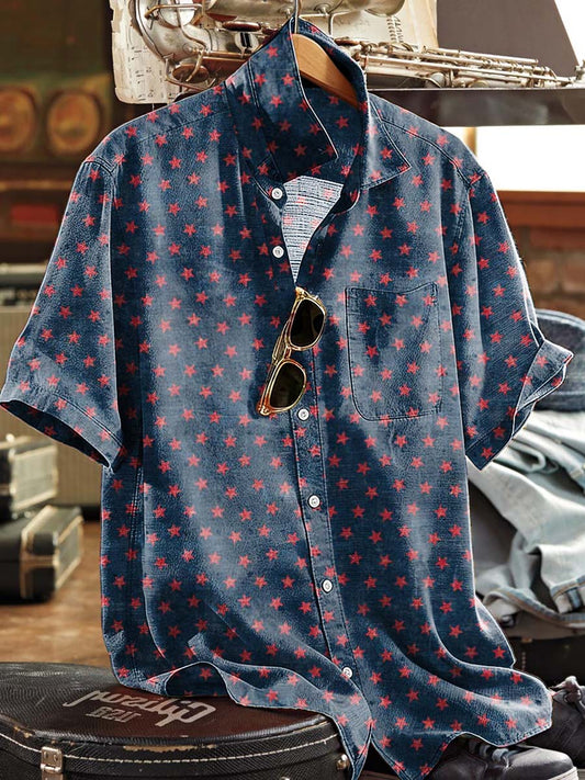 Camisa casual de manga corta con estampado de estrellas de cinco puntas roja