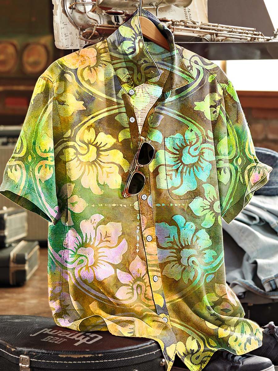 Camisa casual de manga corta con estampado floral de acuarela retro