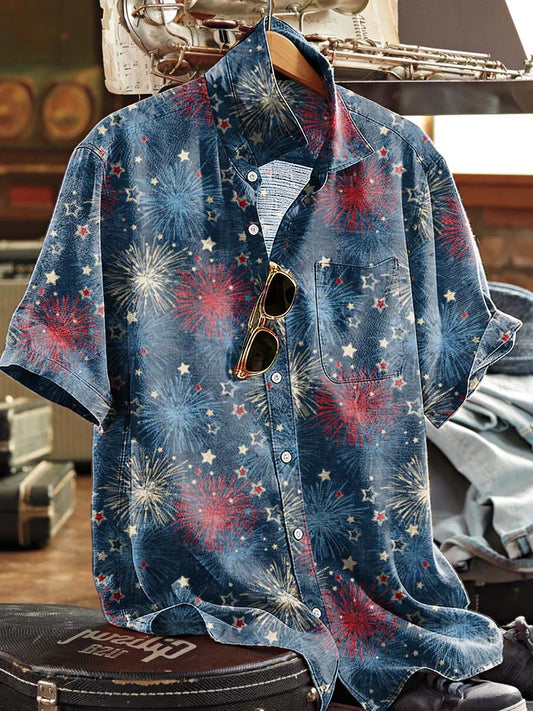 Fireworks And Starburst Distressed Print Casual Camisa de manga corta
