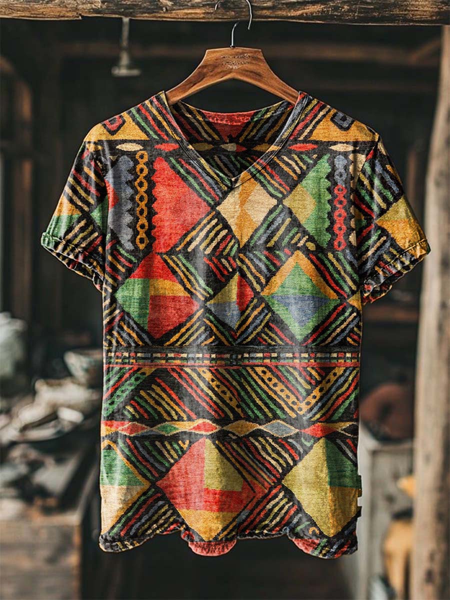 Camiseta de manga corta casual con estampado geométrico tribal africano